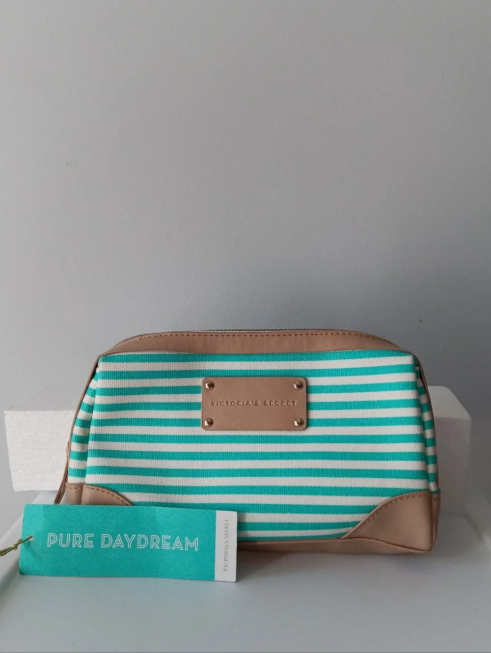 Victoria's Secret Pure Daydream Cosmetics Bag Striped Faux Leather Aqua White